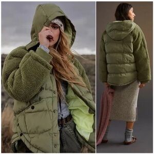 Anthropologie Swing Puffer Olive Green Oversized Teddy Jacket Coat Size Medium